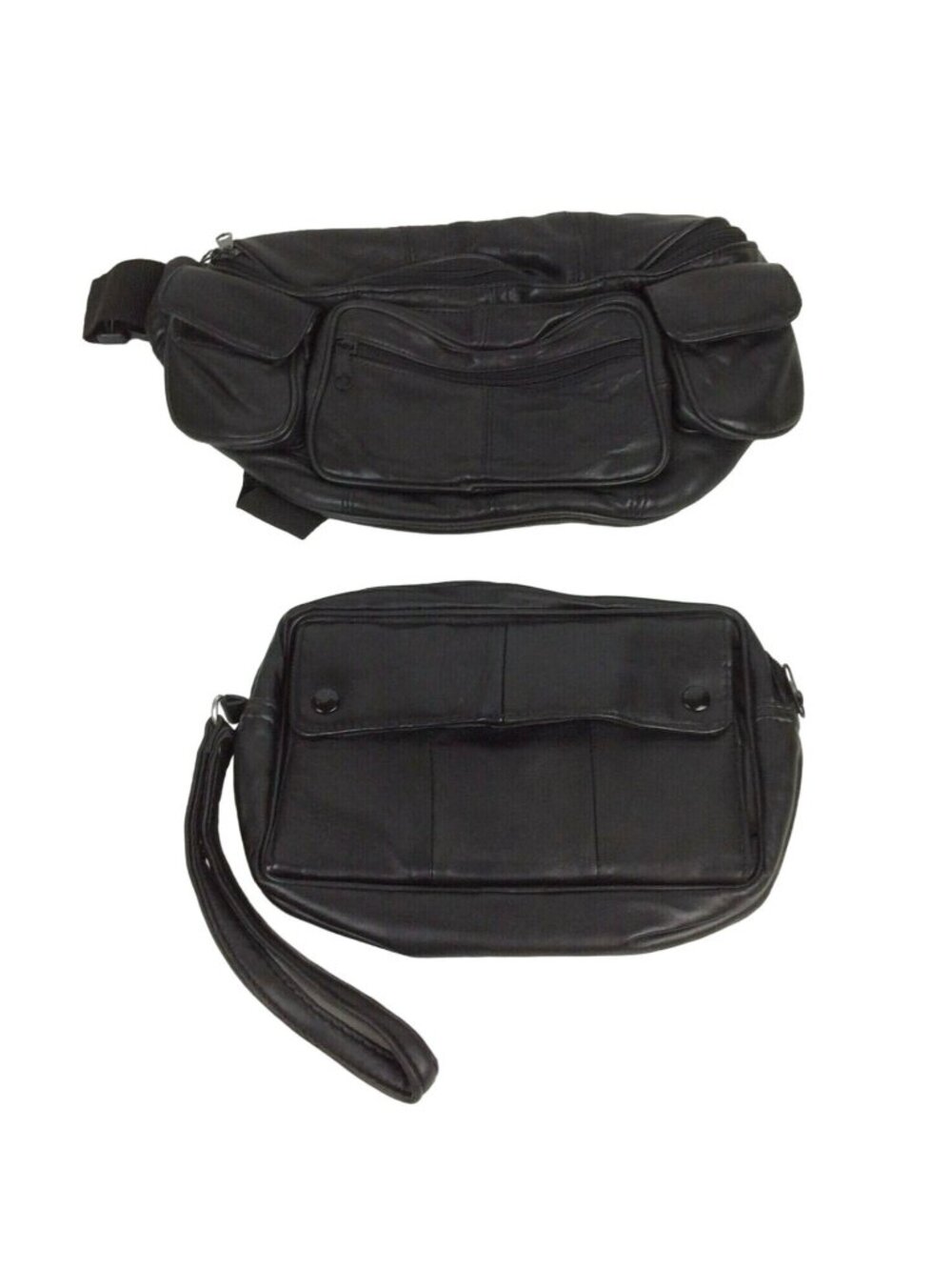 Large Black Vegan Leather Fanny Pack & Clutch Travel Purse Combo Adjustable